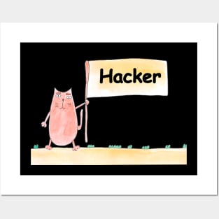 Hacker funny. Profession, work, job. Cat shows a banner with the inscription. Watercolor illustration. A gift for a professional. Posters and Art